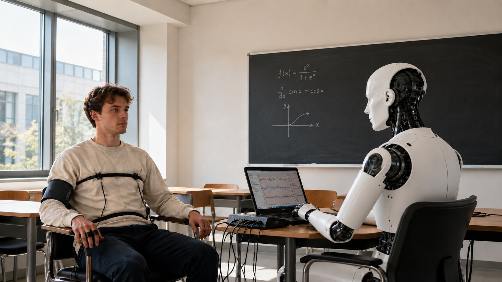 A student undergoes an AI-administered polygraph test in a university classroom /uploads/ai-detector-academic-polygraph.jpg